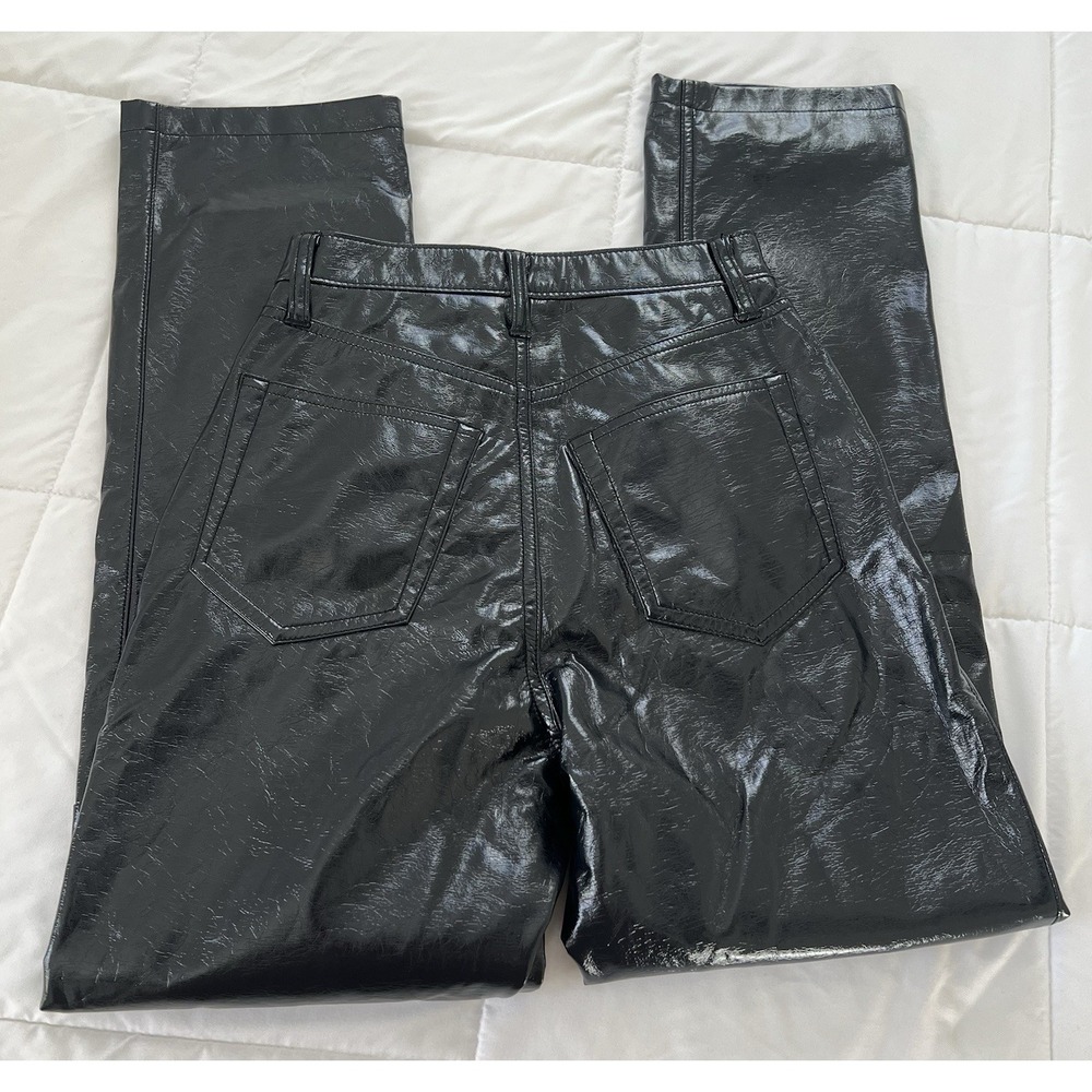 Abercrombie & Fitch 90's Straight Ultra High Rise Vegan Leather Pants Blue Shiny - Picture 2 of 9